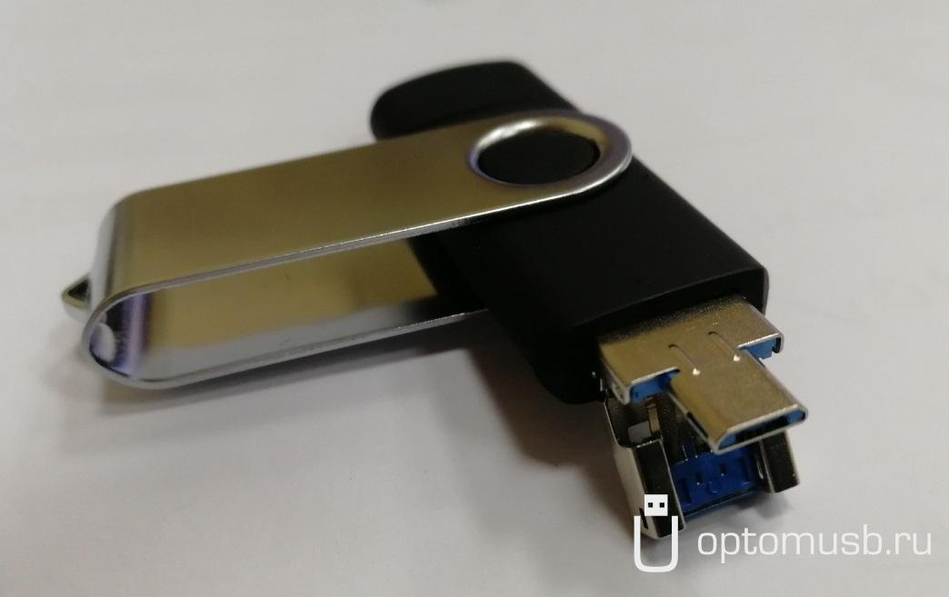 Флешка Twist поворотная OTG 3-in-1 (USB + Micro USB + Type-C), с серебристым поворотным клипом
